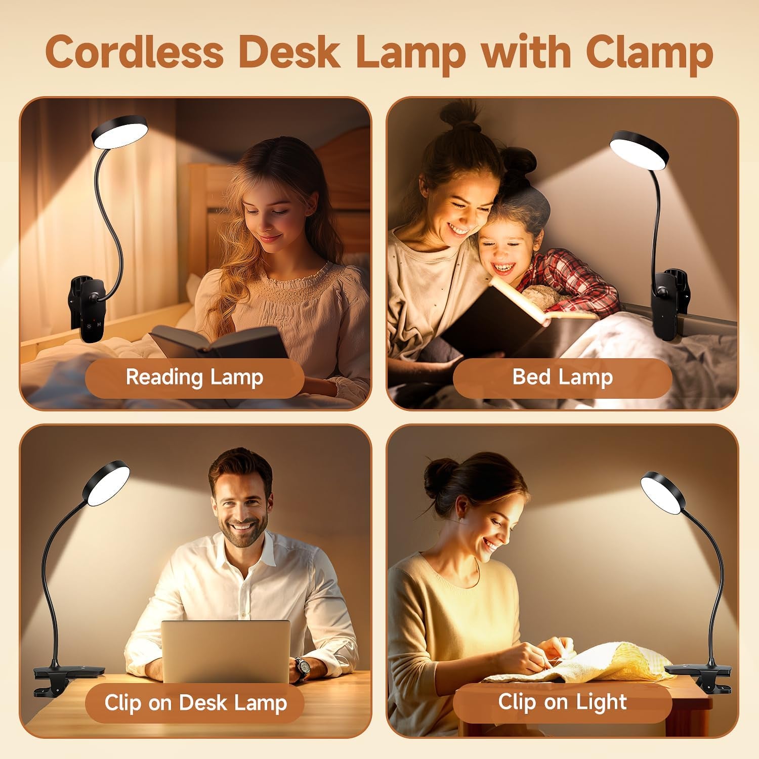 Clip on Lamp,5 Brightness+5 Color Clip on Light,200Lm 36 LED Reading Lights for Books in Bed,1800Mah Battery Powered Lamp Battery Operated Lights,Rechargeable Desk Lamp with Clamp Light