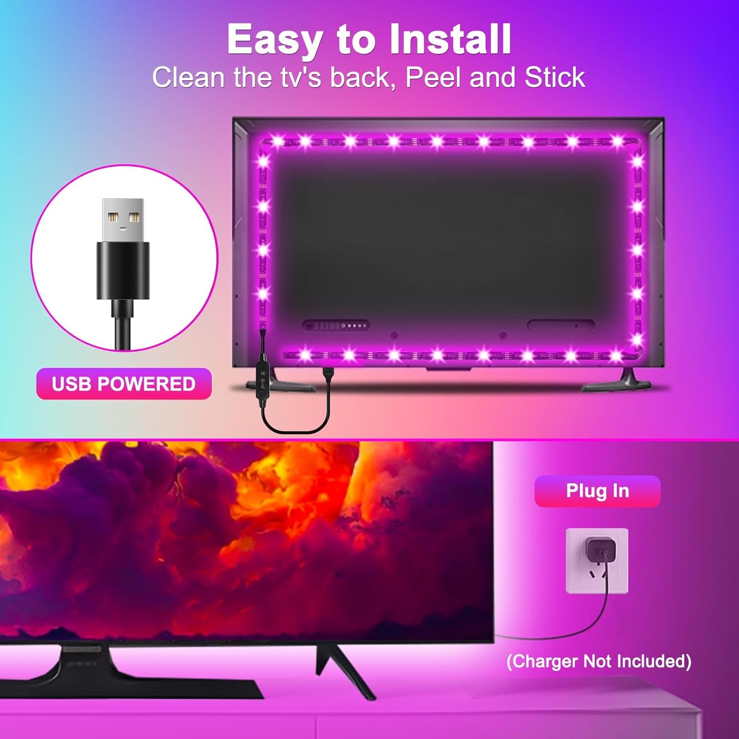 TV Led Lights, Led Lights for Backlight for 32-60 Inch, 9.8Ft TV Light Strip,Rgb Color Changing Light with Remote Music Sync Bluetooth APP Control USB Powered