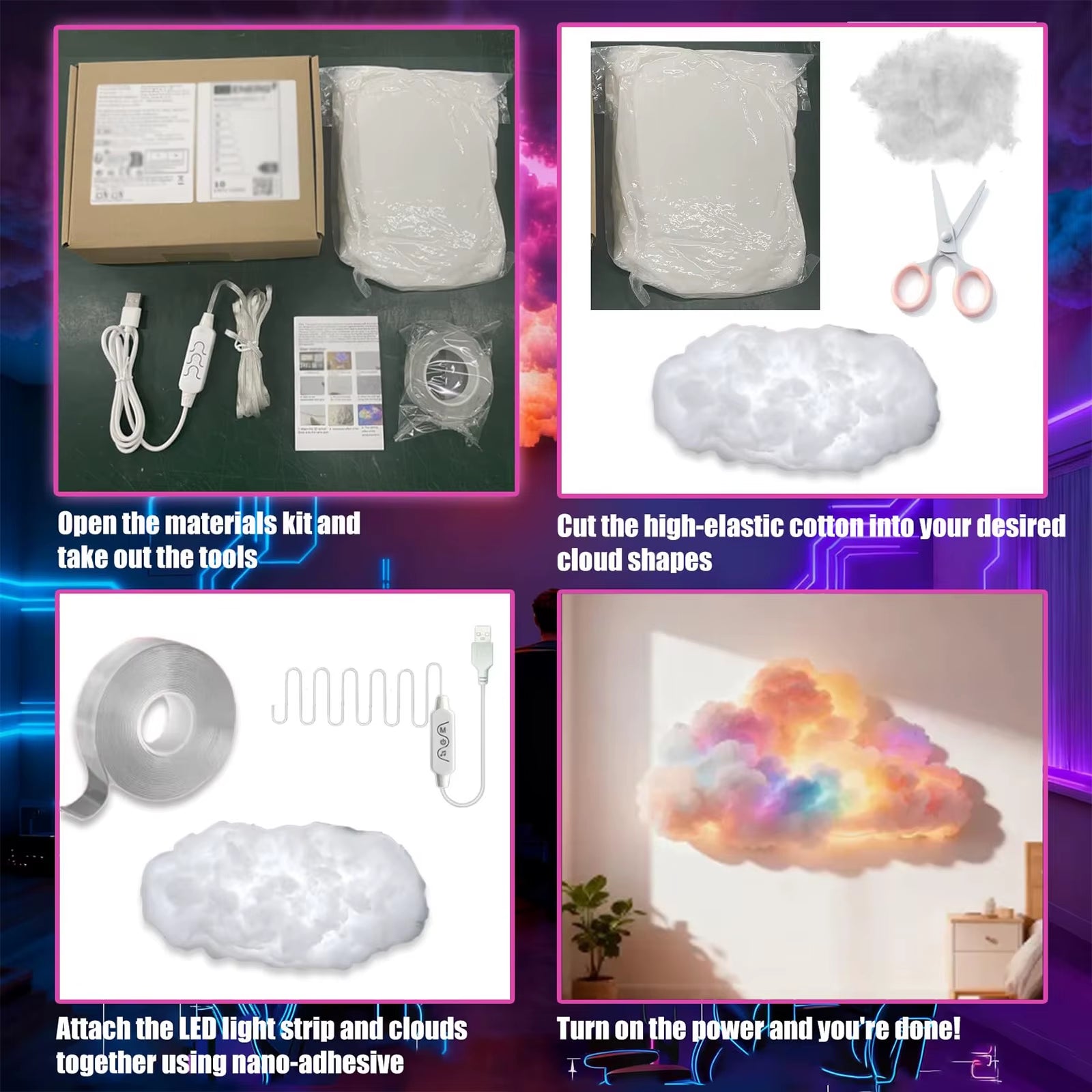 DIY Thundercloud LED Light Usb-Powered 3D Big Cloud Lightning Light for Game Room Bedroom Decor