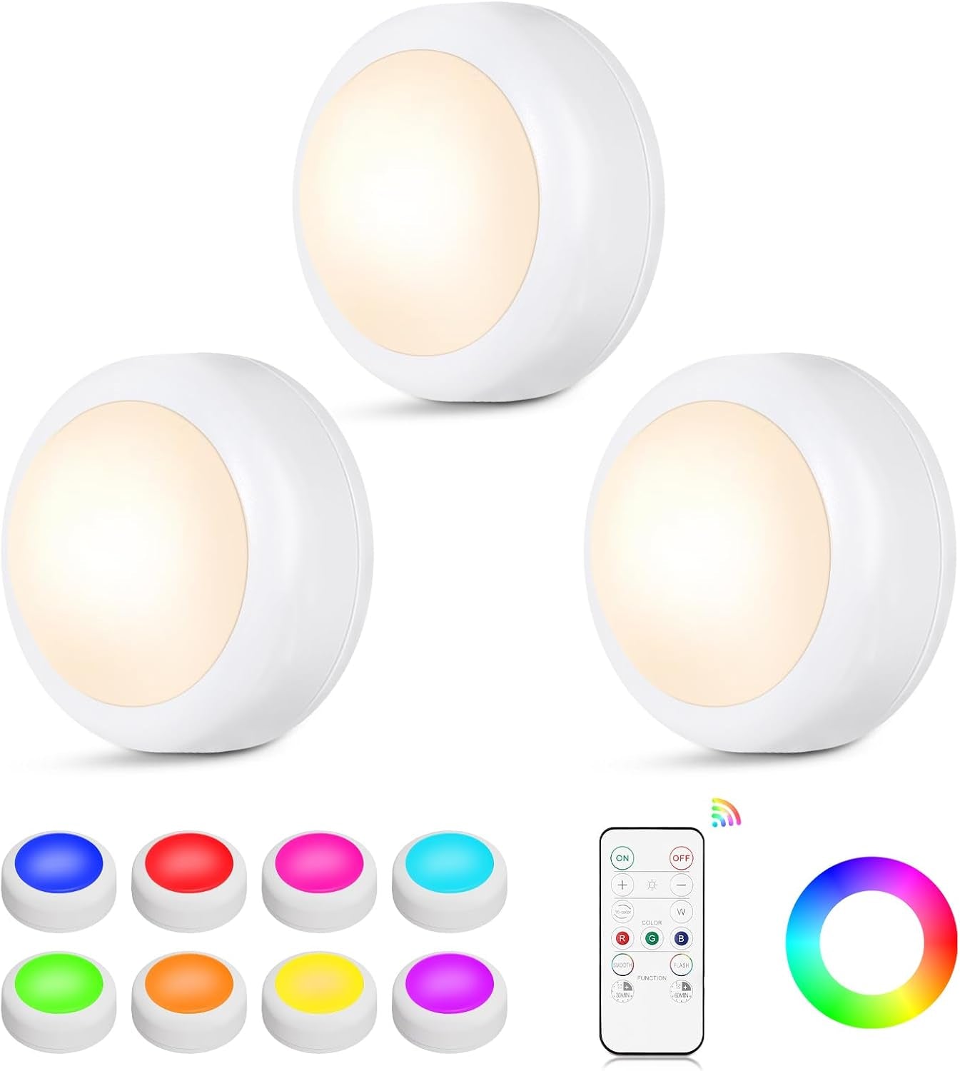 LED Puck Lights with Remote Control, 16 Color Changing under Cabinet Lighting with Dimmer & Timer, AAA Battery Operated,Under for Closet Bedroom Kitchen, Stair (3 Pack White)