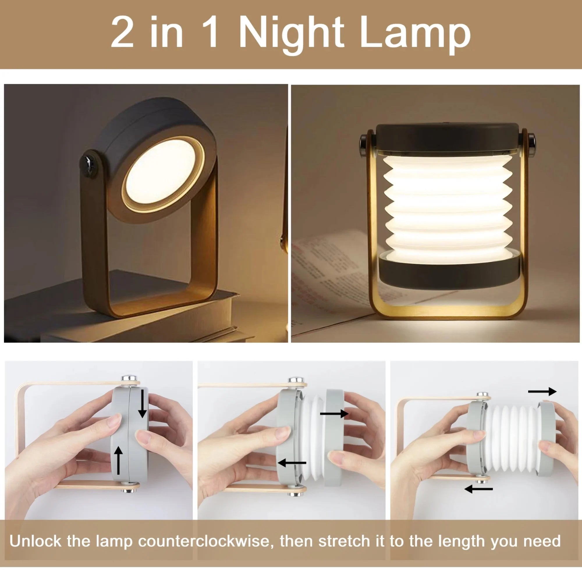 Rechargeable LED Reading Light, Portable Folding Lantern Lamp, Dimmable Touch Night Light for Camping