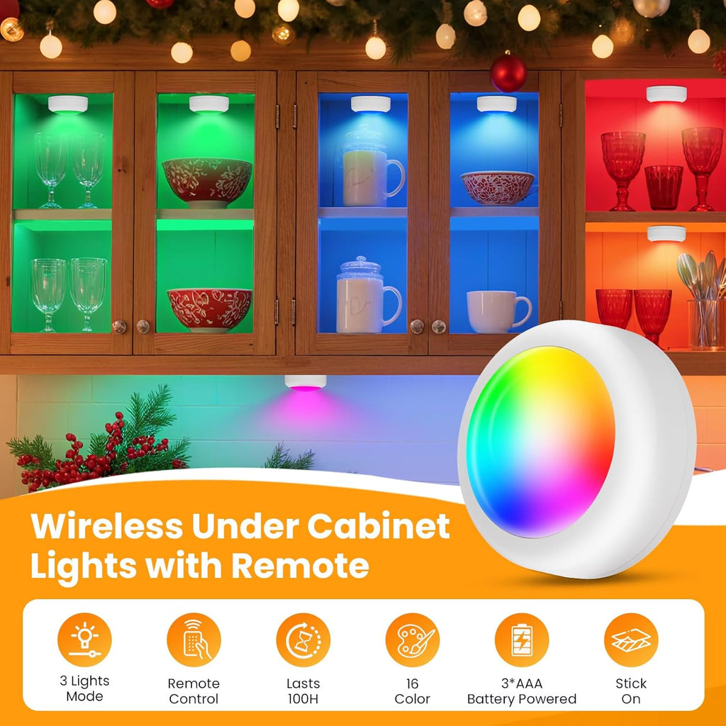 LED Puck Lights with Remote Control, 16 Color Changing under Cabinet Lighting with Dimmer & Timer, AAA Battery Operated,Under for Closet Bedroom Kitchen, Stair (3 Pack White)