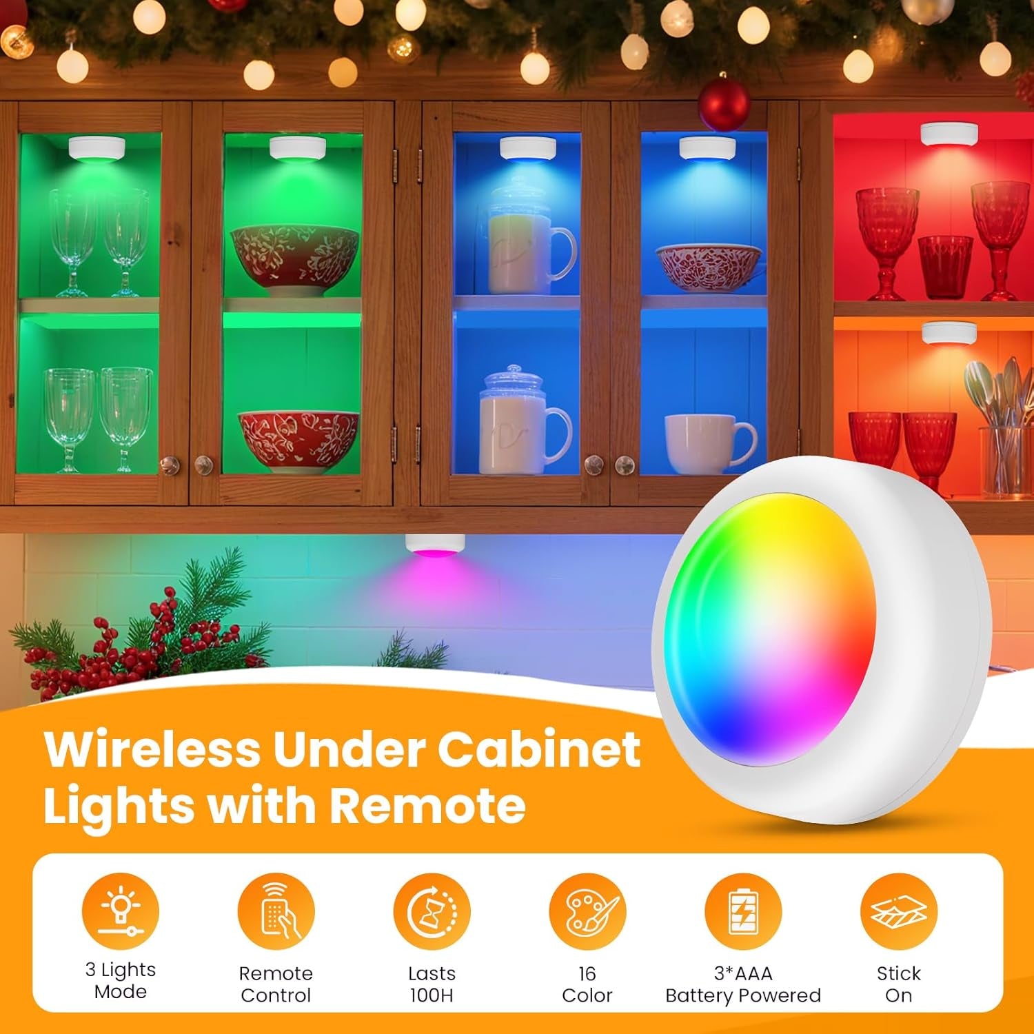 LED Puck Lights with Remote Control, 16 Color Changing under Cabinet Lighting with Dimmer & Timer, AAA Battery Operated,Under for Closet Bedroom Kitchen, Stair (3 Pack White)