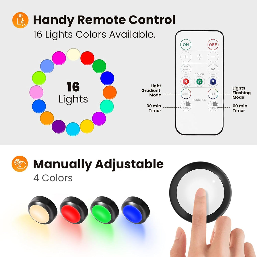 LED Puck Lights with Remote Control, 16 Color Changing under Cabinet Lighting with Dimmer & Timer, AAA Battery Operated,Under for Closet Bedroom Kitchen, Stair (3 Pack White)