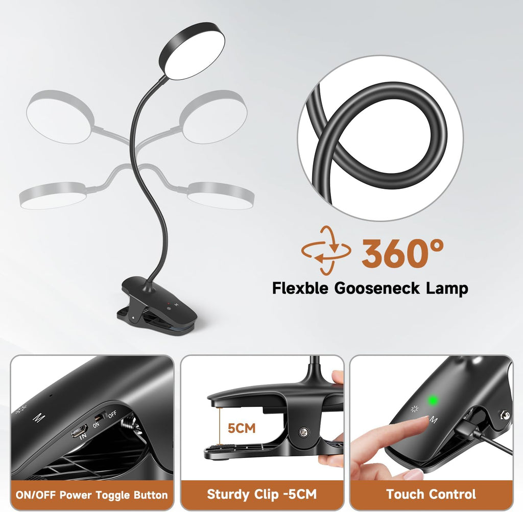 Clip on Lamp,5 Brightness+5 Color Clip on Light,200Lm 36 LED Reading Lights for Books in Bed,1800Mah Battery Powered Lamp Battery Operated Lights,Rechargeable Desk Lamp with Clamp Light