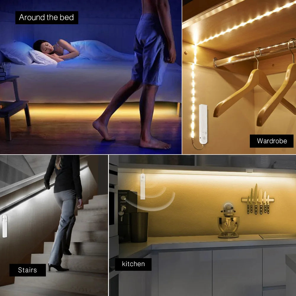LED under Cabinet Light LED Strip Led Lamp with Wireless PIR Motion Sensor USB Port Light Kitchen Stairs Wardrobe Bed Side Light