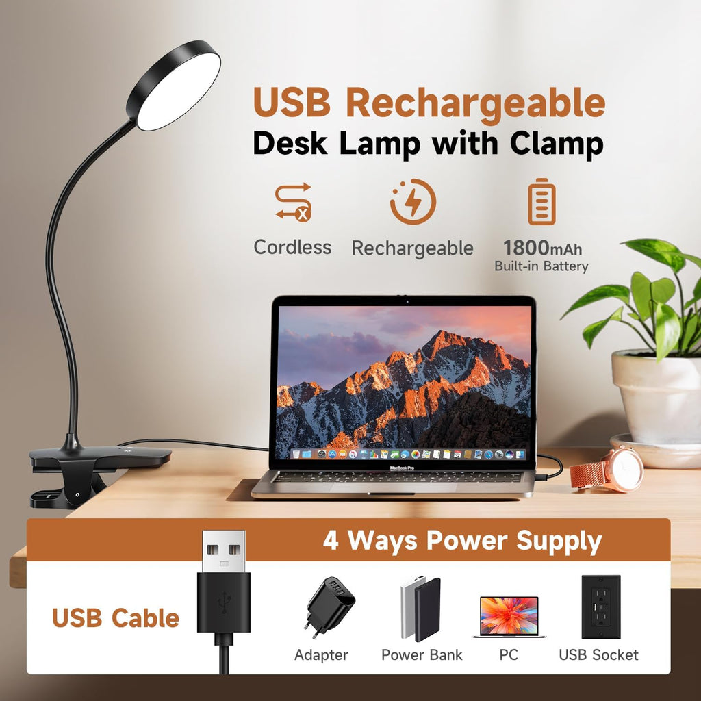 Clip on Lamp,5 Brightness+5 Color Clip on Light,200Lm 36 LED Reading Lights for Books in Bed,1800Mah Battery Powered Lamp Battery Operated Lights,Rechargeable Desk Lamp with Clamp Light