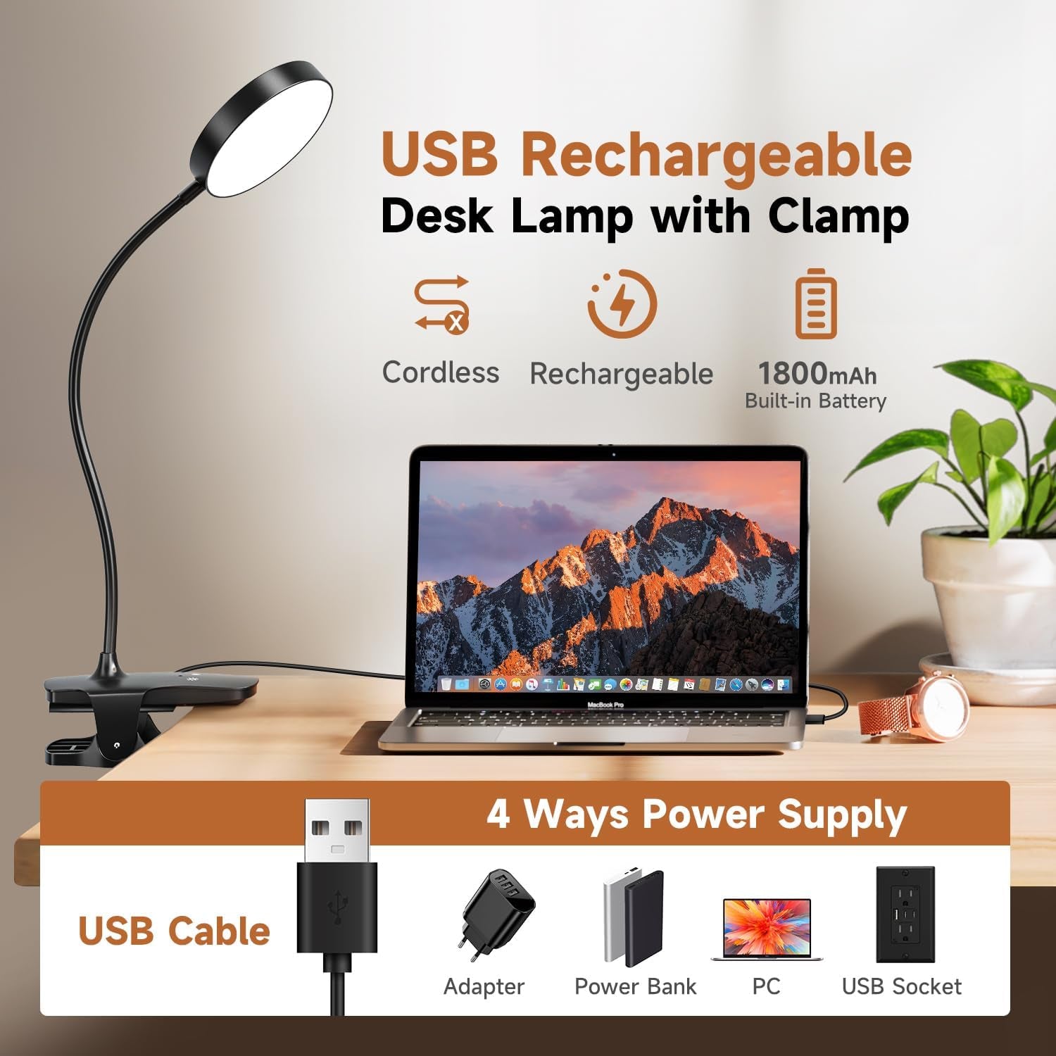 Clip on Lamp,5 Brightness+5 Color Clip on Light,200Lm 36 LED Reading Lights for Books in Bed,1800Mah Battery Powered Lamp Battery Operated Lights,Rechargeable Desk Lamp with Clamp Light